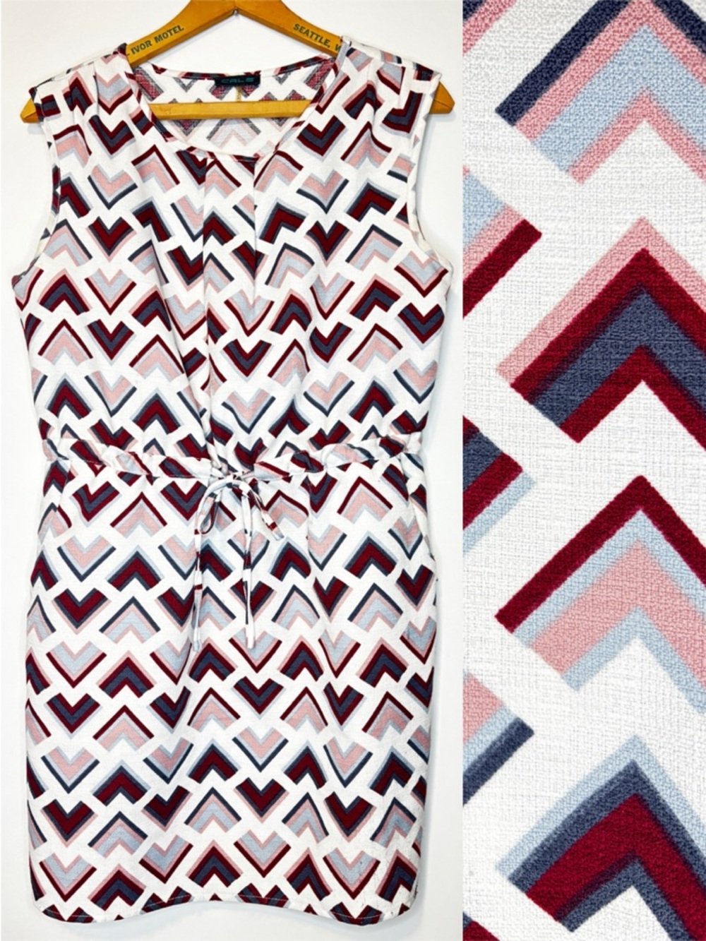 CALS Sleeveless Geometric Chevron Tie-Waist Dress with Pockets -L-